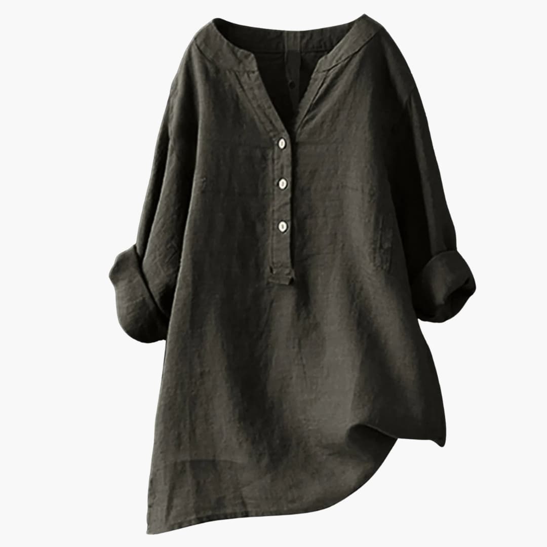 Blusa in lino da donna a manica lunga con scollo a V e bottoni casual ampia