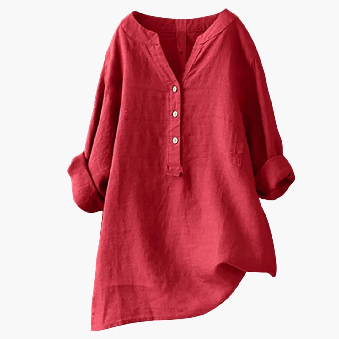 Blusa in lino da donna a manica lunga con scollo a V e bottoni casual ampia
