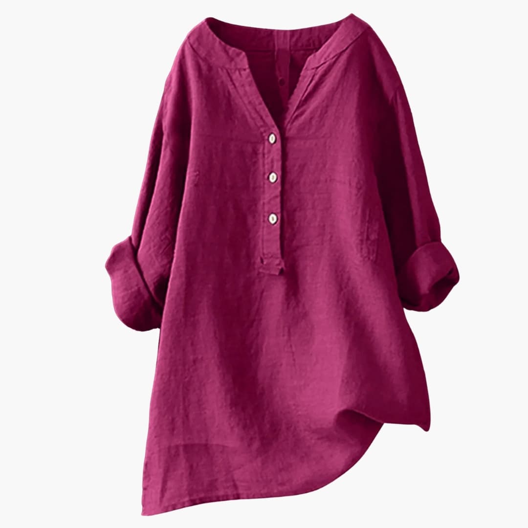 Blouse en lin pour femme à manches longues avec col en V et boutons décontractée ample