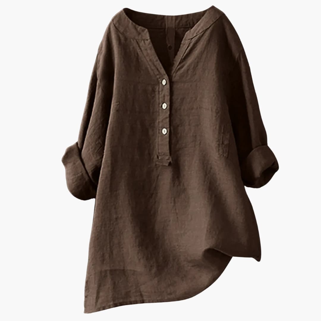 Blouse en lin pour femme à manches longues avec col en V et boutons décontractée ample