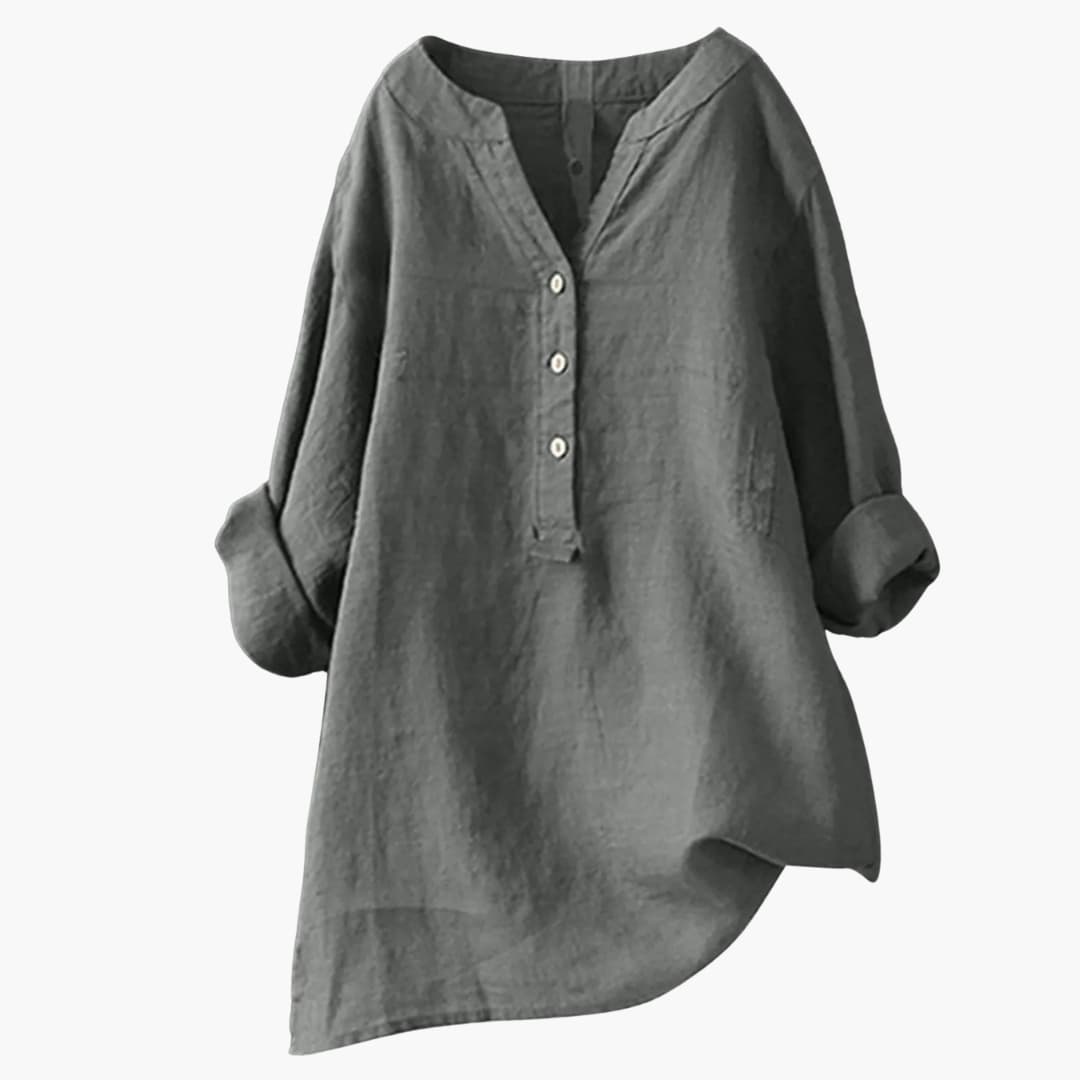 Blusa in lino da donna a manica lunga con scollo a V e bottoni casual ampia