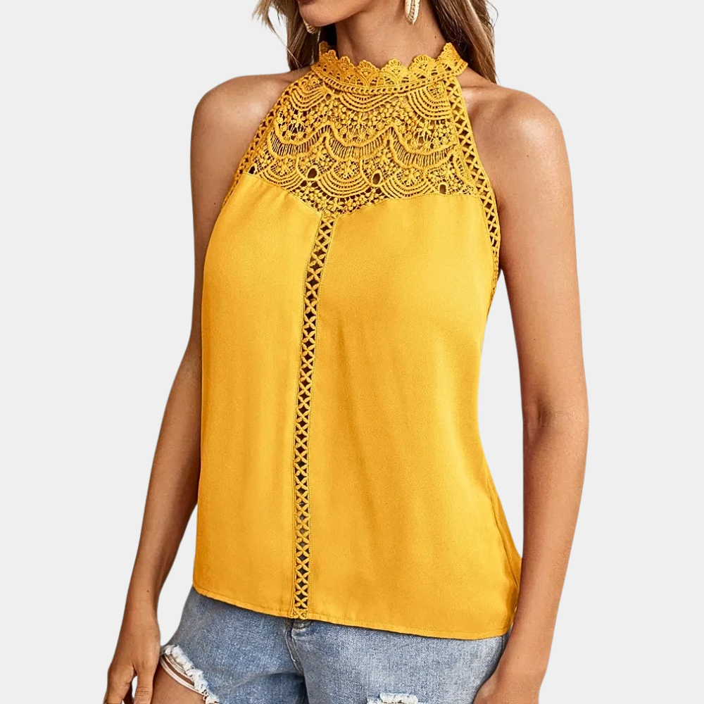 Blusa halter con dettaglio in pizzo | top senza maniche per uso quotidiano
