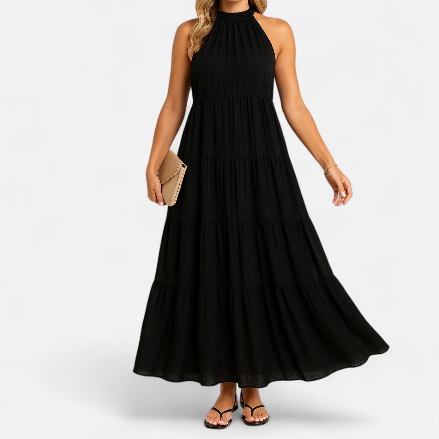 Eliaro Moda | Vestido Largo Halter con Falda Escalonada para Mujer – Elegancia Fluyente, Silueta Definida
