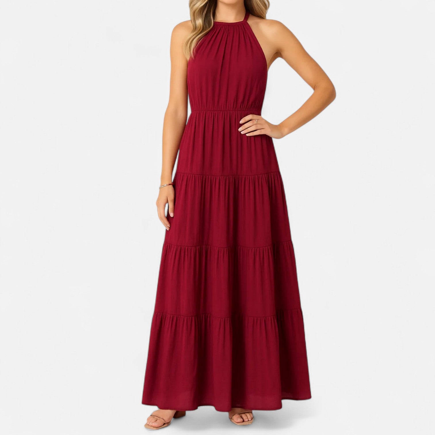 Eliaro Moda | Vestido Largo Halter con Falda Escalonada para Mujer – Elegancia Fluyente, Silueta Definida