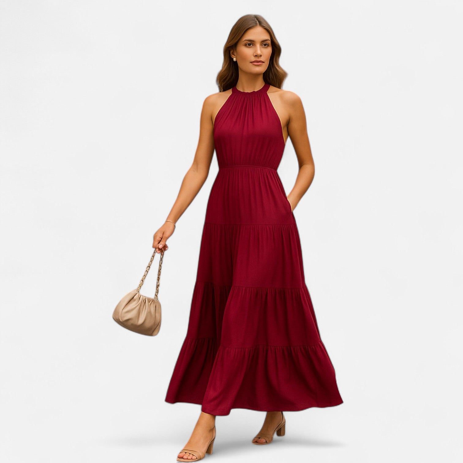 Eliaro Moda | Vestido Largo Halter con Falda Escalonada para Mujer – Elegancia Fluyente, Silueta Definida