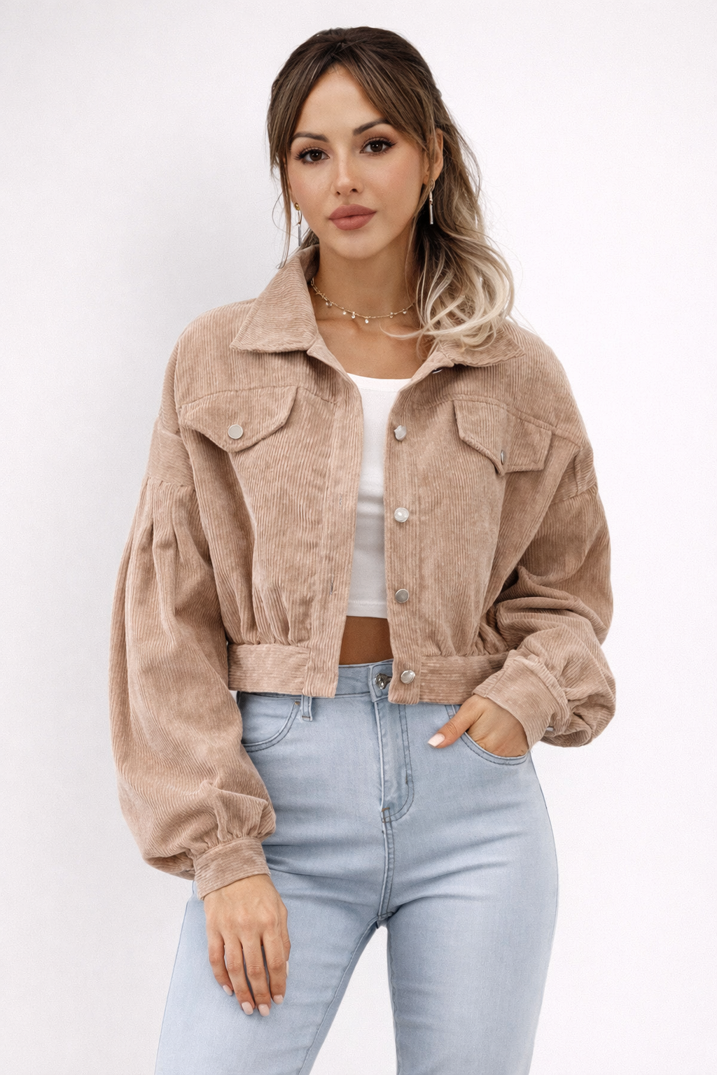 Giacca in Velluto a Coste con Taglio Corto, Bottoni Frontali e Collo a Rever per Donna