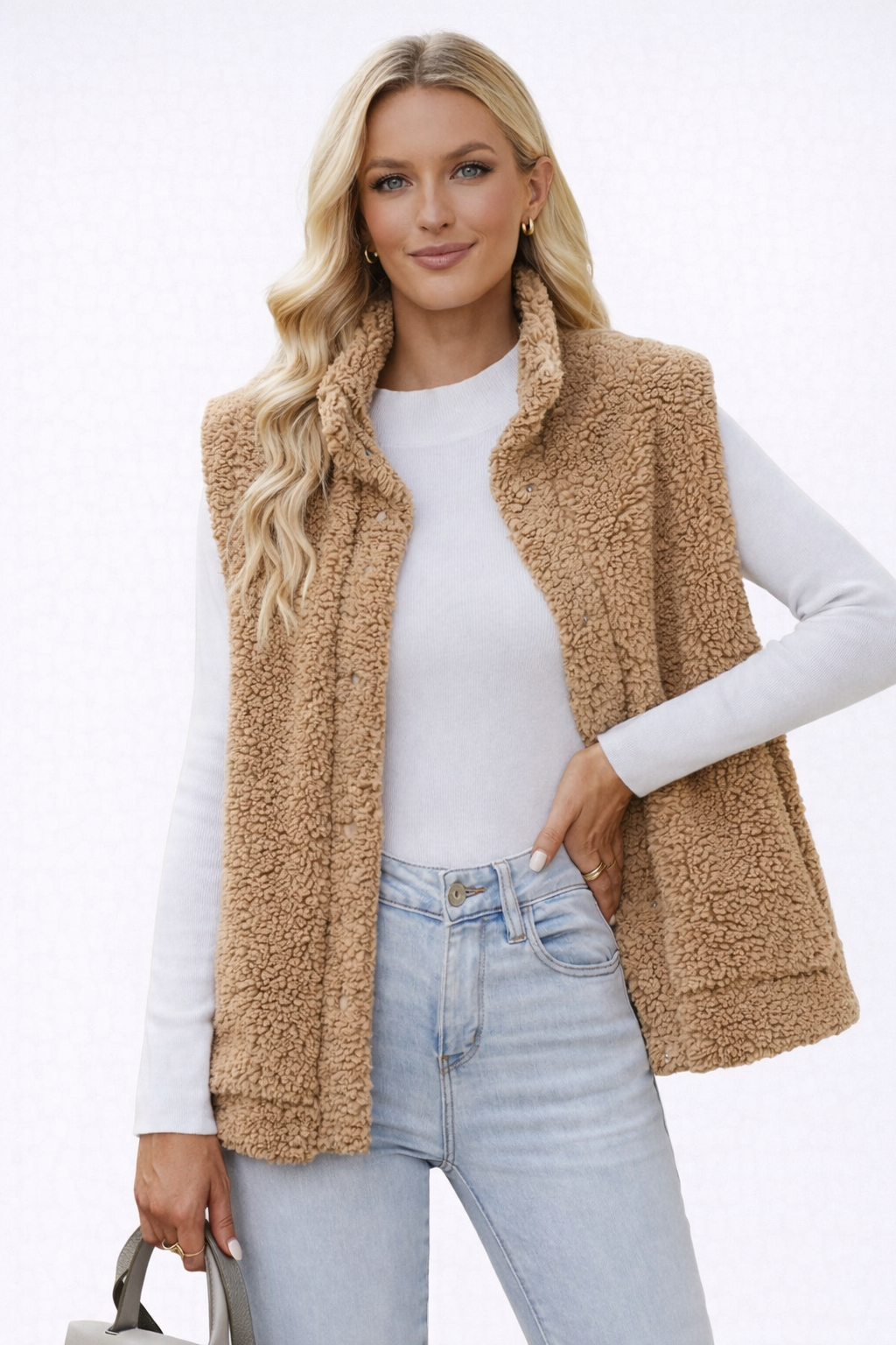 Gilet in Shearling con Collo Alto e Chiusura a Bottoni a Pressione per Donna