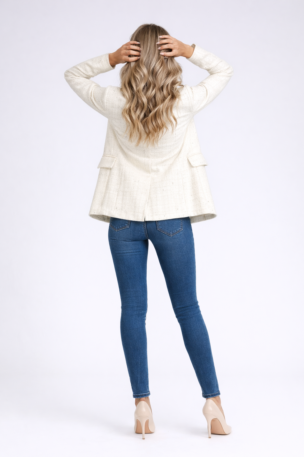 Blazer Slim in Stile Tweed con Doppiopetto e Rever per Donna