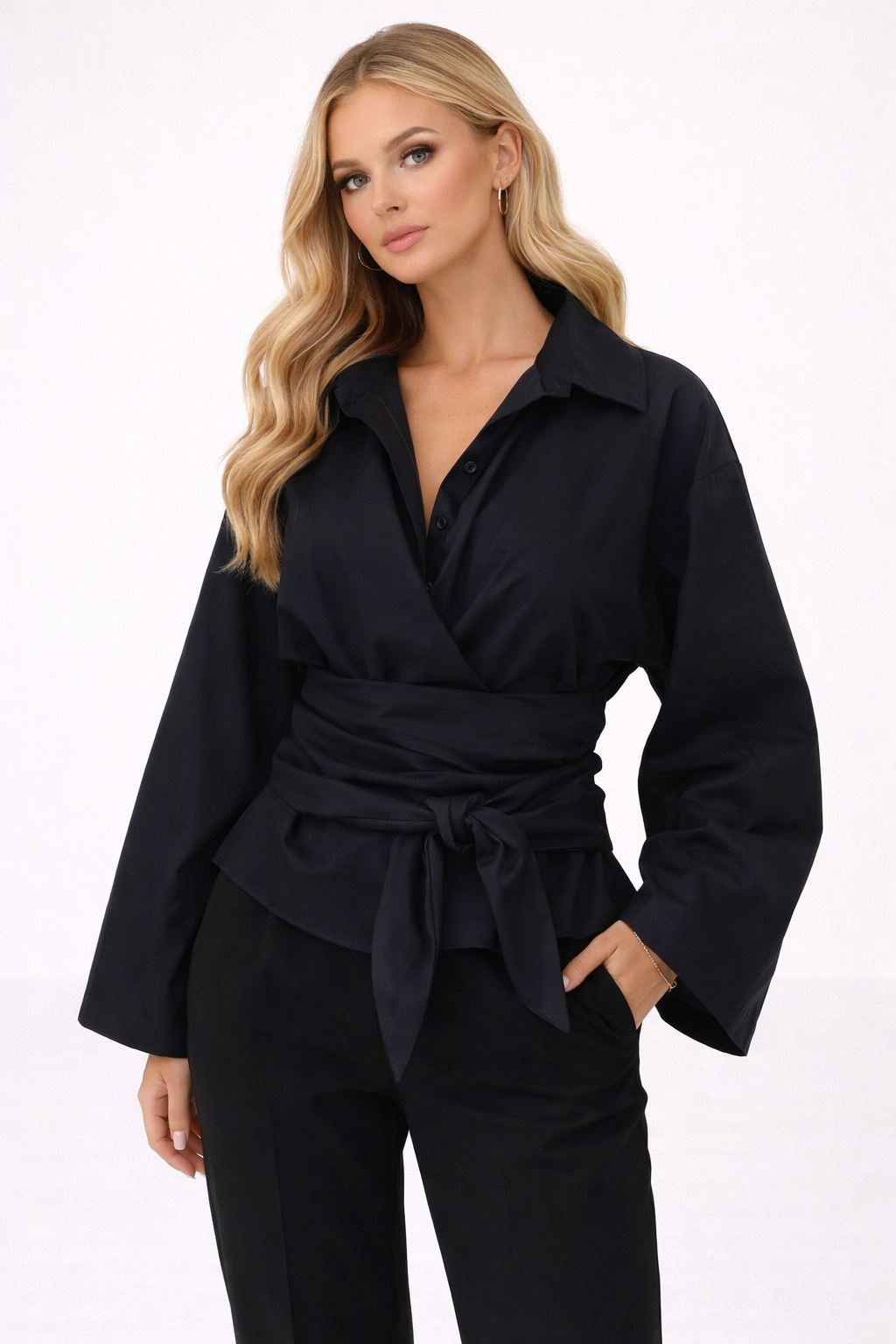 Giacca Doppiopetto con Cintura a Fiocco e Maniche Ampie per Donna