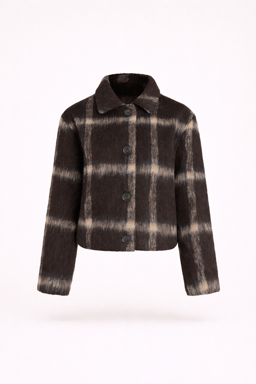 Giacca Corta a Quadri con Bottoni Frontali e Collo Camicia per Donna