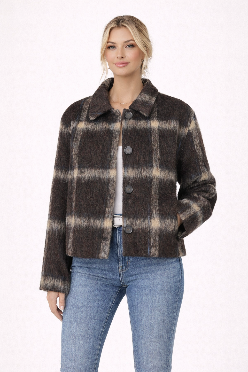 Giacca Corta a Quadri con Bottoni Frontali e Collo Camicia per Donna