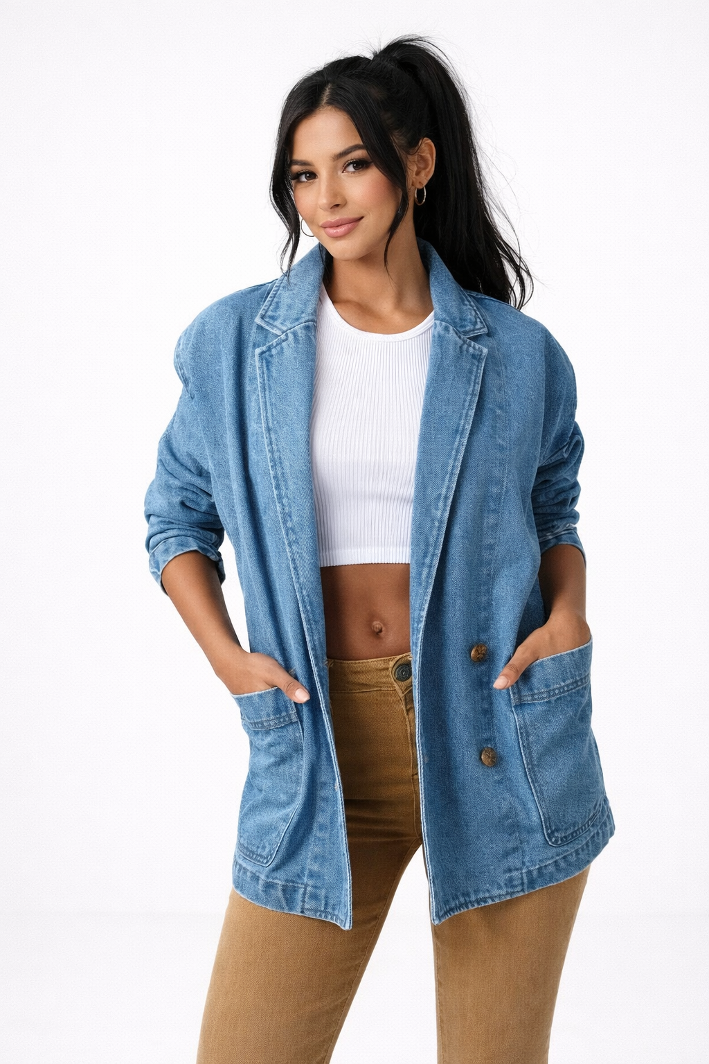Blazer in Denim con Collo a Rever e Chiusura per Donna