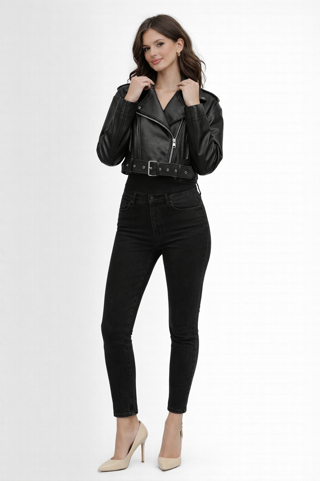 Giacca Biker Corta Effetto Pelle con Cerniera Asimmetrica e Cintura per Donna