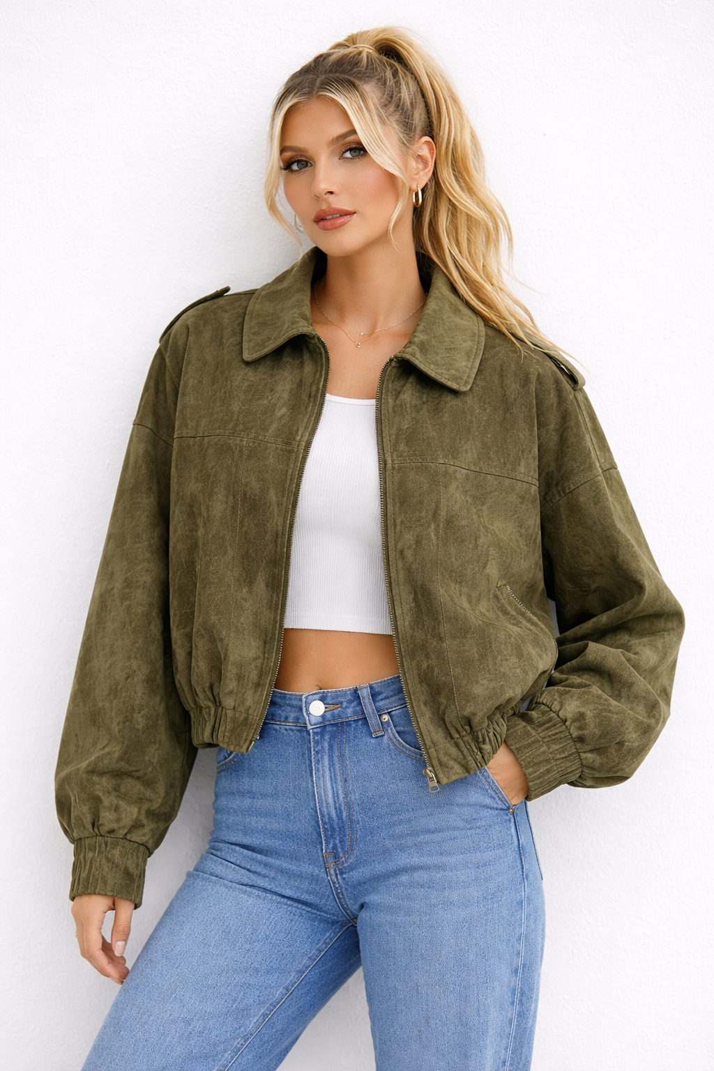 Giacca in Scamosciato con Cerniera e Collo Classico a Vestibilità Rilassata per Donna