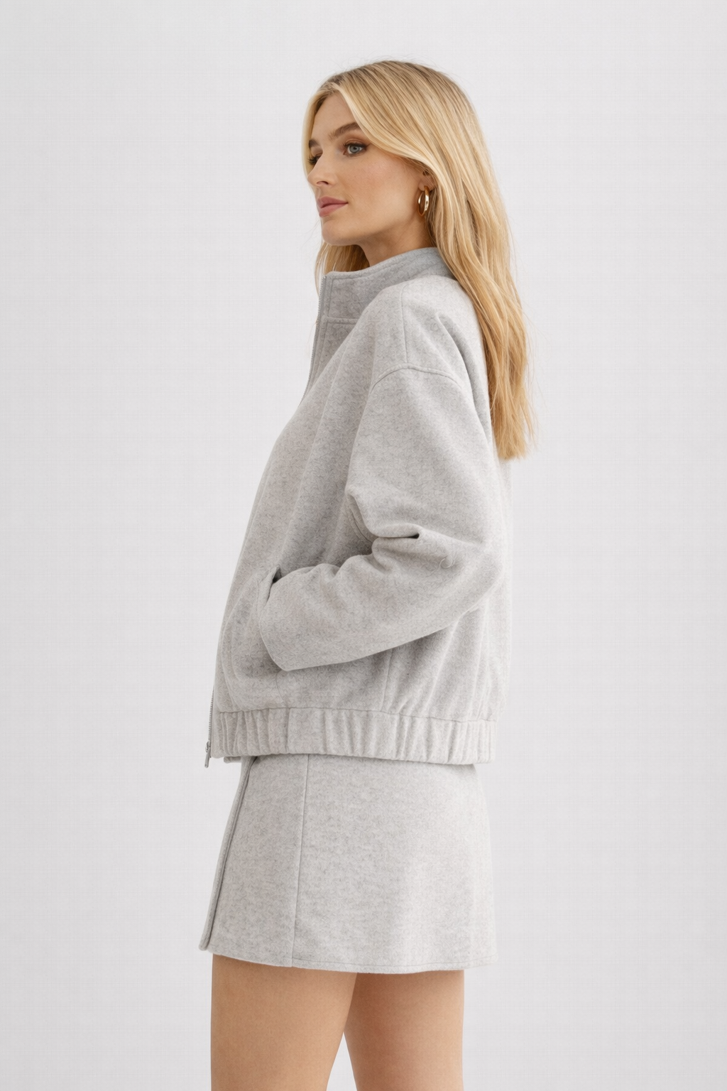 Giacca Bomber in Lana con Chiusura a Cerniera e Collo a Costine per Donna