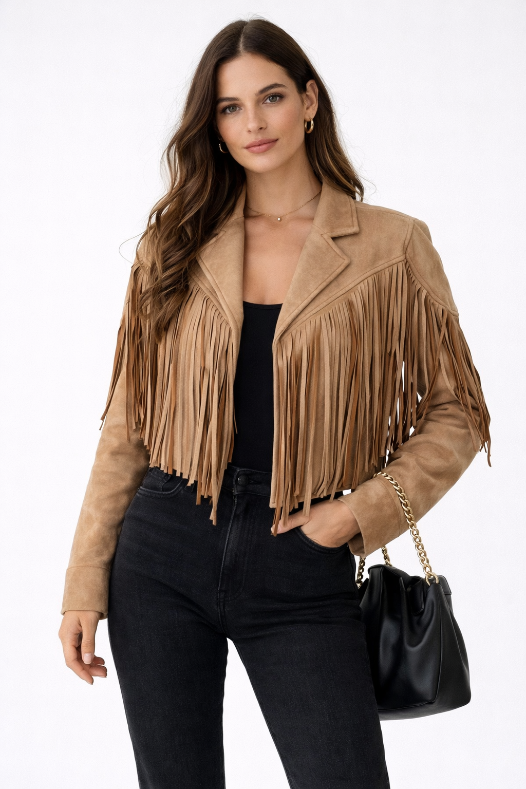Giacca in Scamosciato con Frange in Stile Western e Taglio Corto per Donna