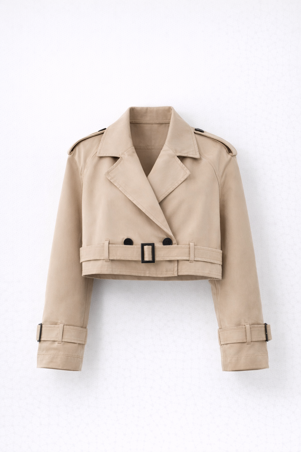 Giacca trench corta con classiche rever e pattine sulle spalle da donna