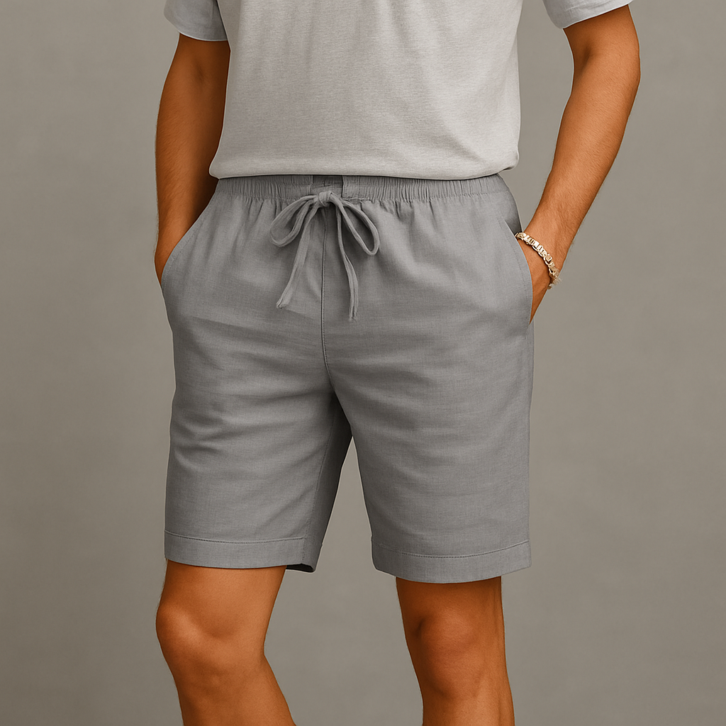 Pantaloni scurți de in pentru bărbați cu șnur ajustabil și buzunare laterale