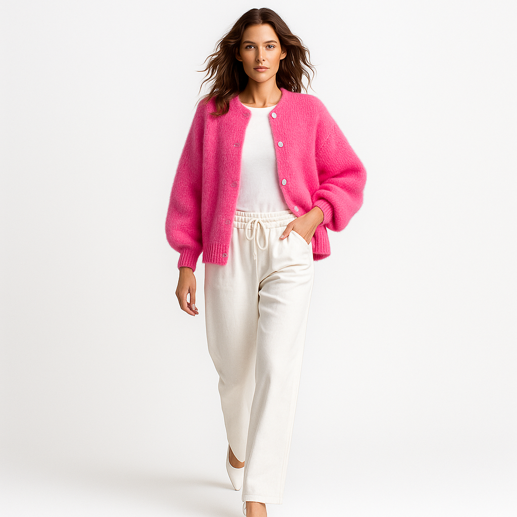 Giacca in maglia da donna con bottoni in madreperla e collo a punta elegante