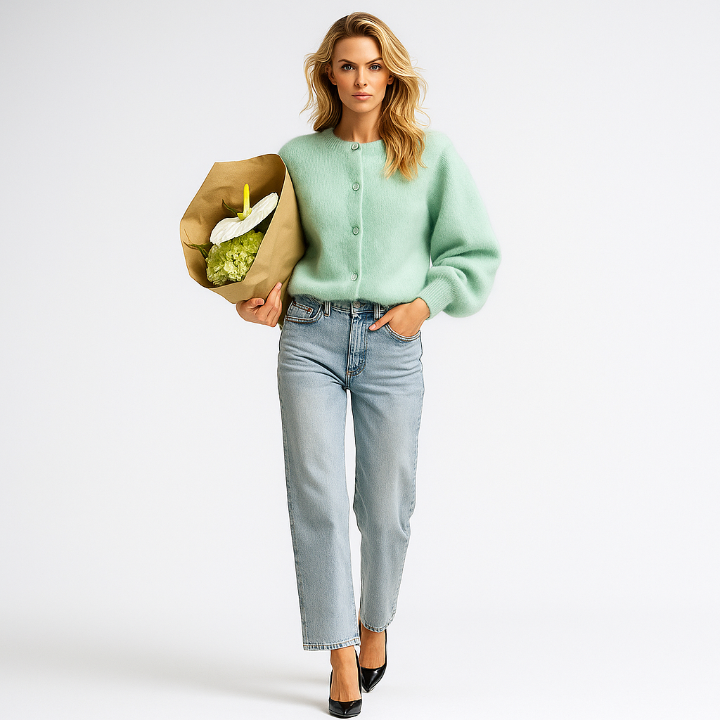 Giacca in maglia da donna con bottoni in madreperla e collo a punta elegante