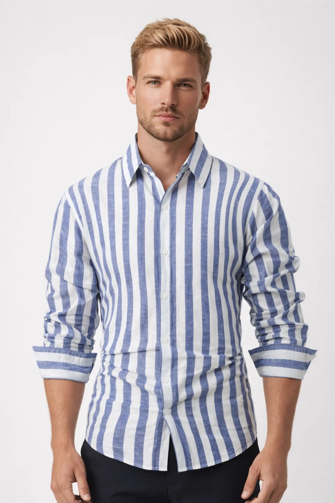 Camicia casual da uomo a righe con maniche lunghe e bottoni, tessuto broadcloth in poliestere
