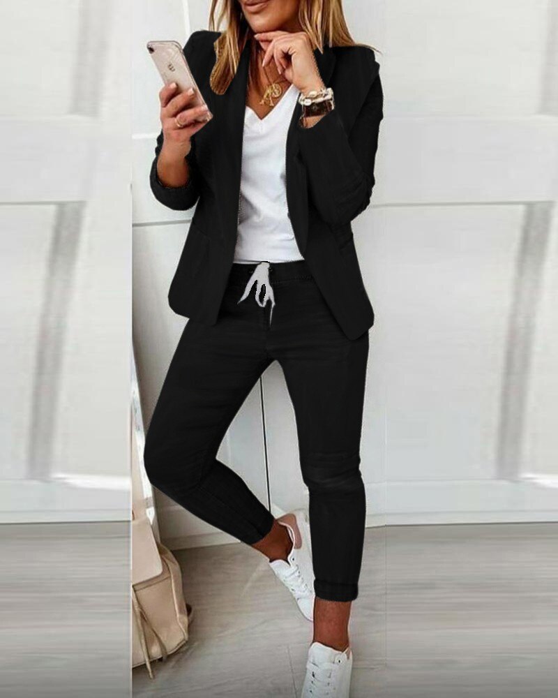 Completo donna blazer aderente e pantaloni con coulisse stile professionale casual