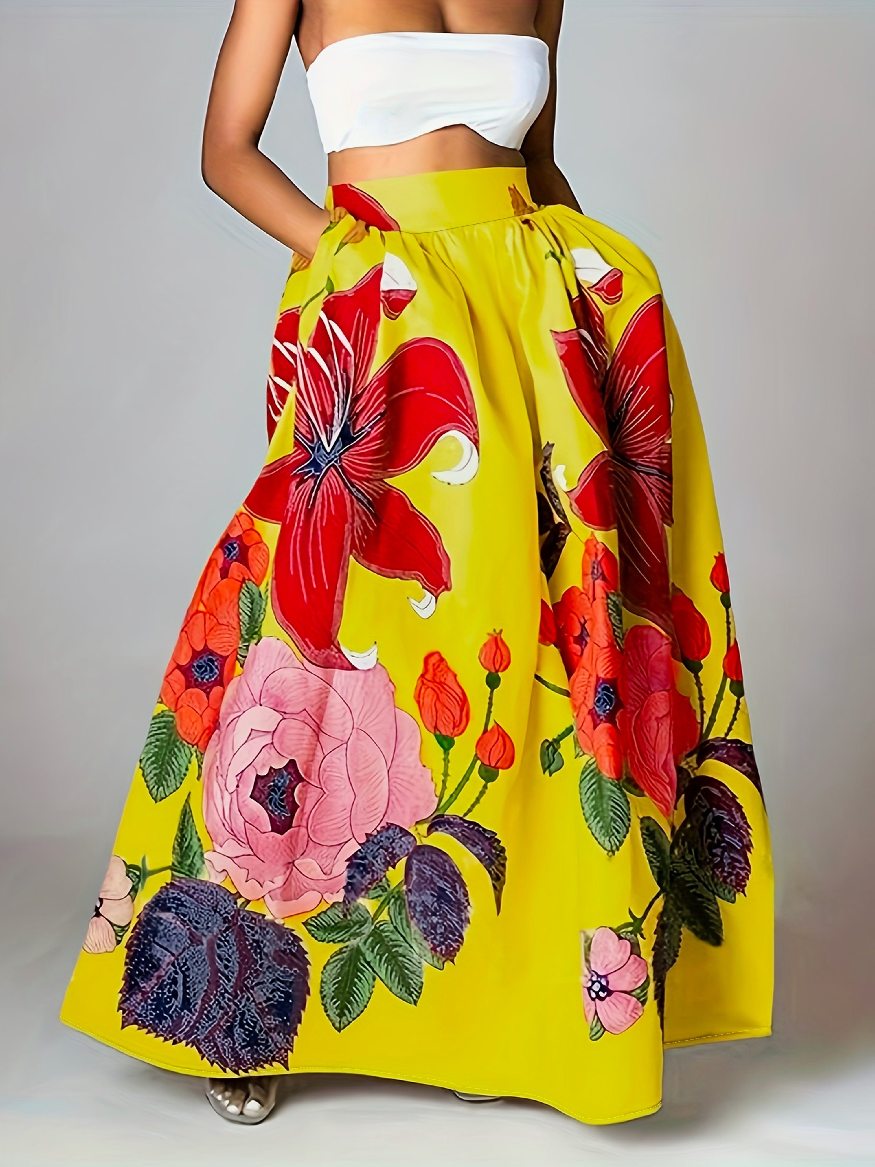 Gonna maxi da donna in misto cotone con stampa floreale e vita alta
