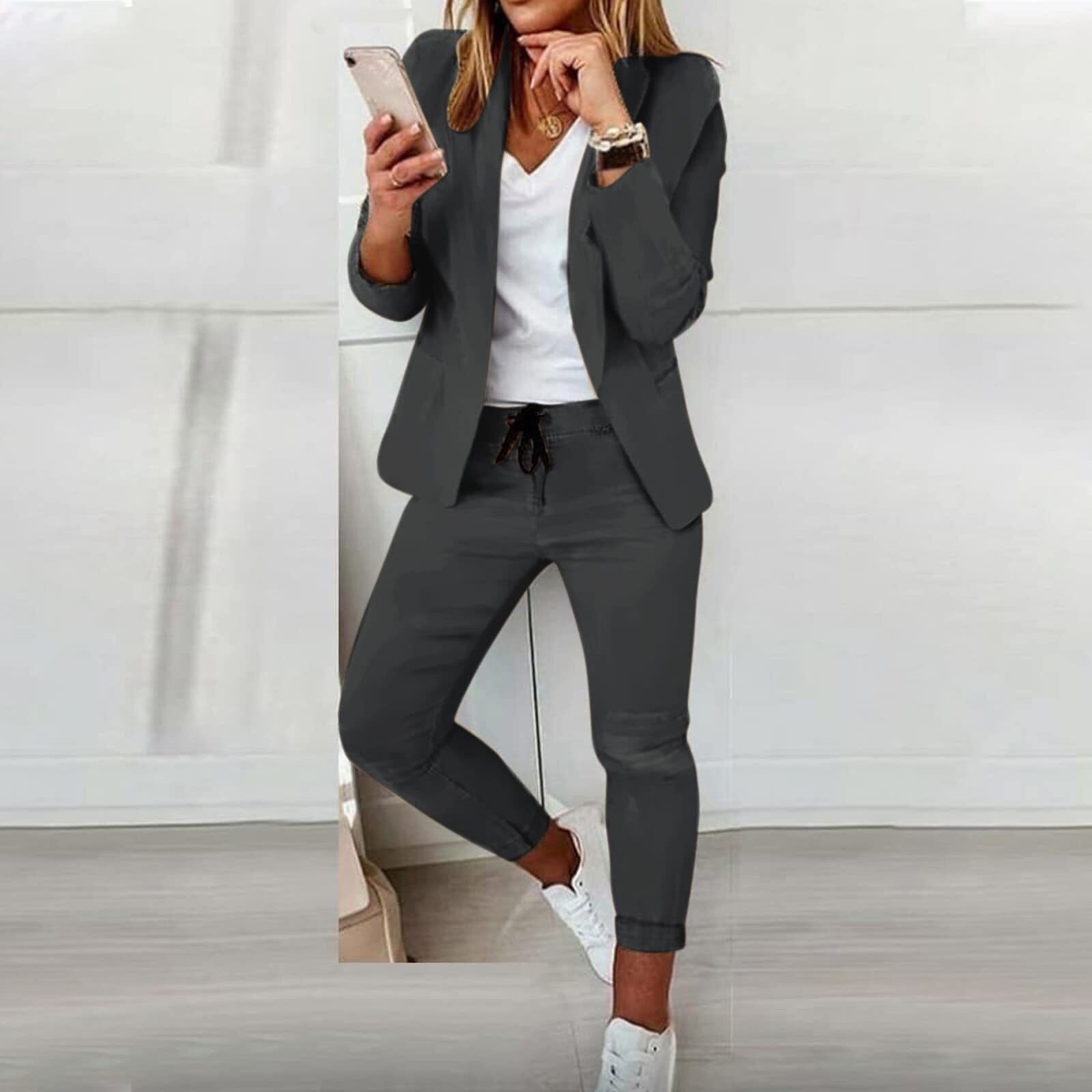 Completo donna blazer aderente e pantaloni con coulisse stile professionale casual