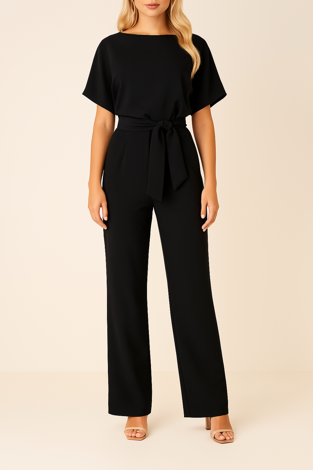 Salopetă cu Pantalon Larg pentru Femei cu Centură și Mâneci Scurte Stil Kimono