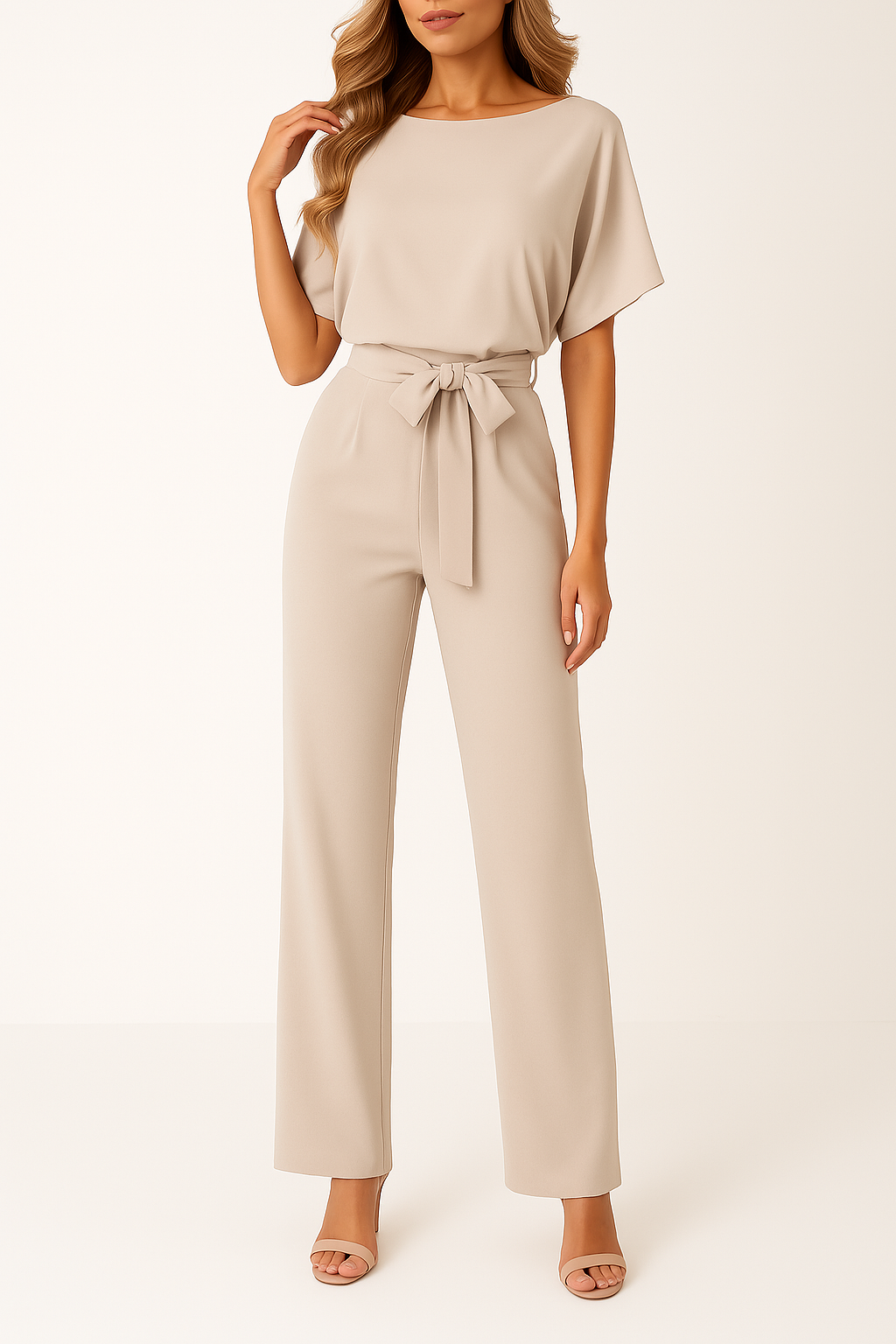 Salopetă cu Pantalon Larg pentru Femei cu Centură și Mâneci Scurte Stil Kimono