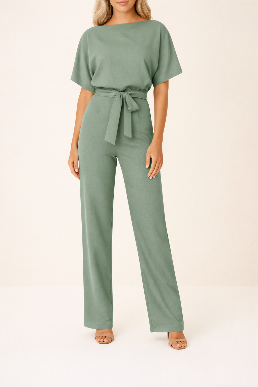 Salopetă cu Pantalon Larg pentru Femei cu Centură și Mâneci Scurte Stil Kimono