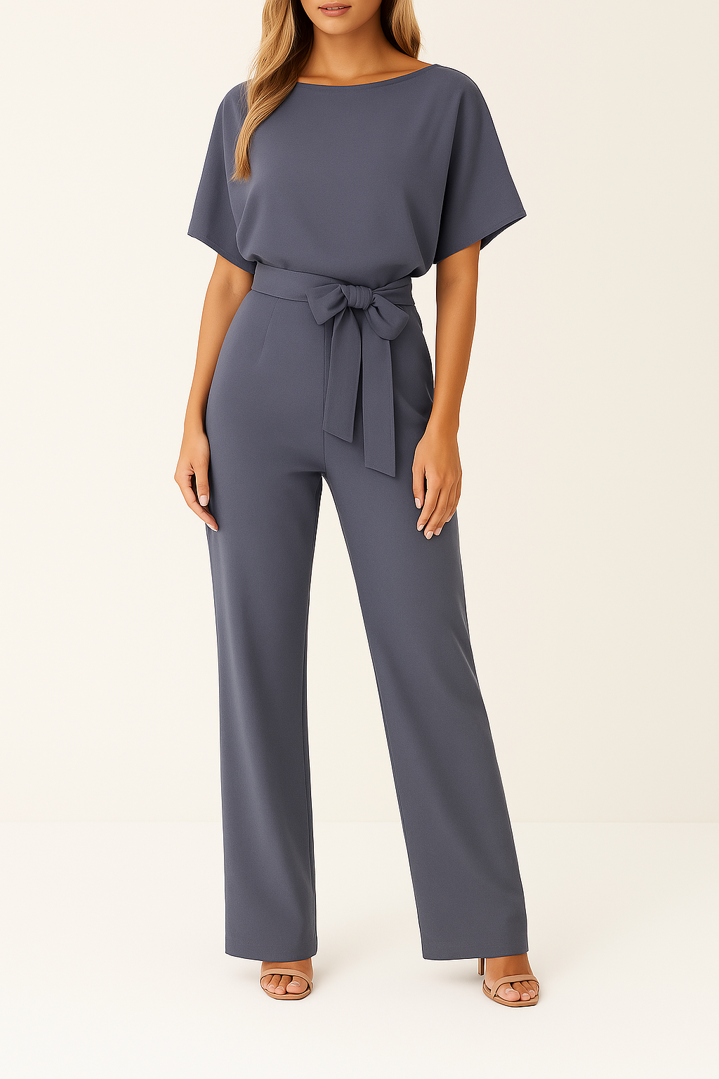 Salopetă cu Pantalon Larg pentru Femei cu Centură și Mâneci Scurte Stil Kimono