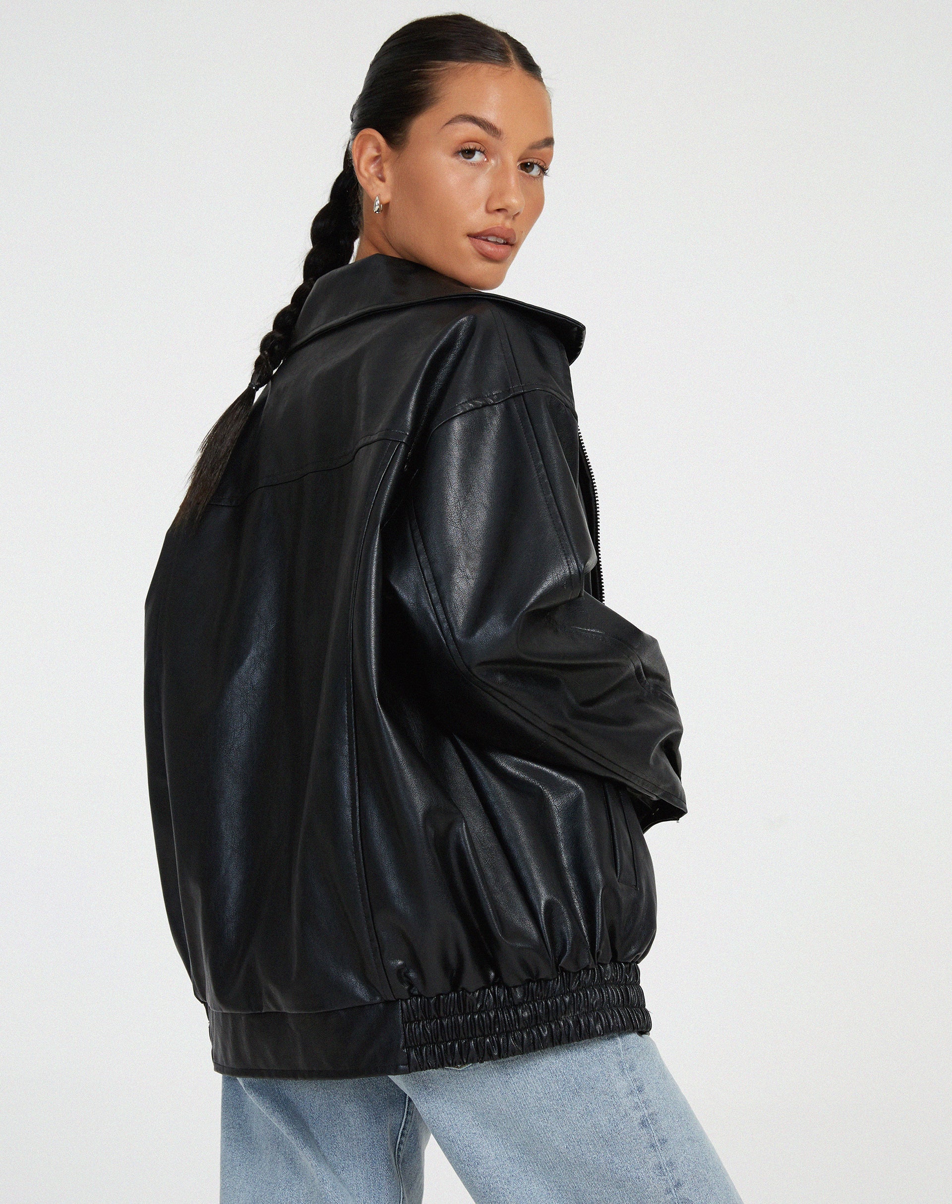 Veste bomber en cuir synthétique pour femme avec col et fermeture éclair