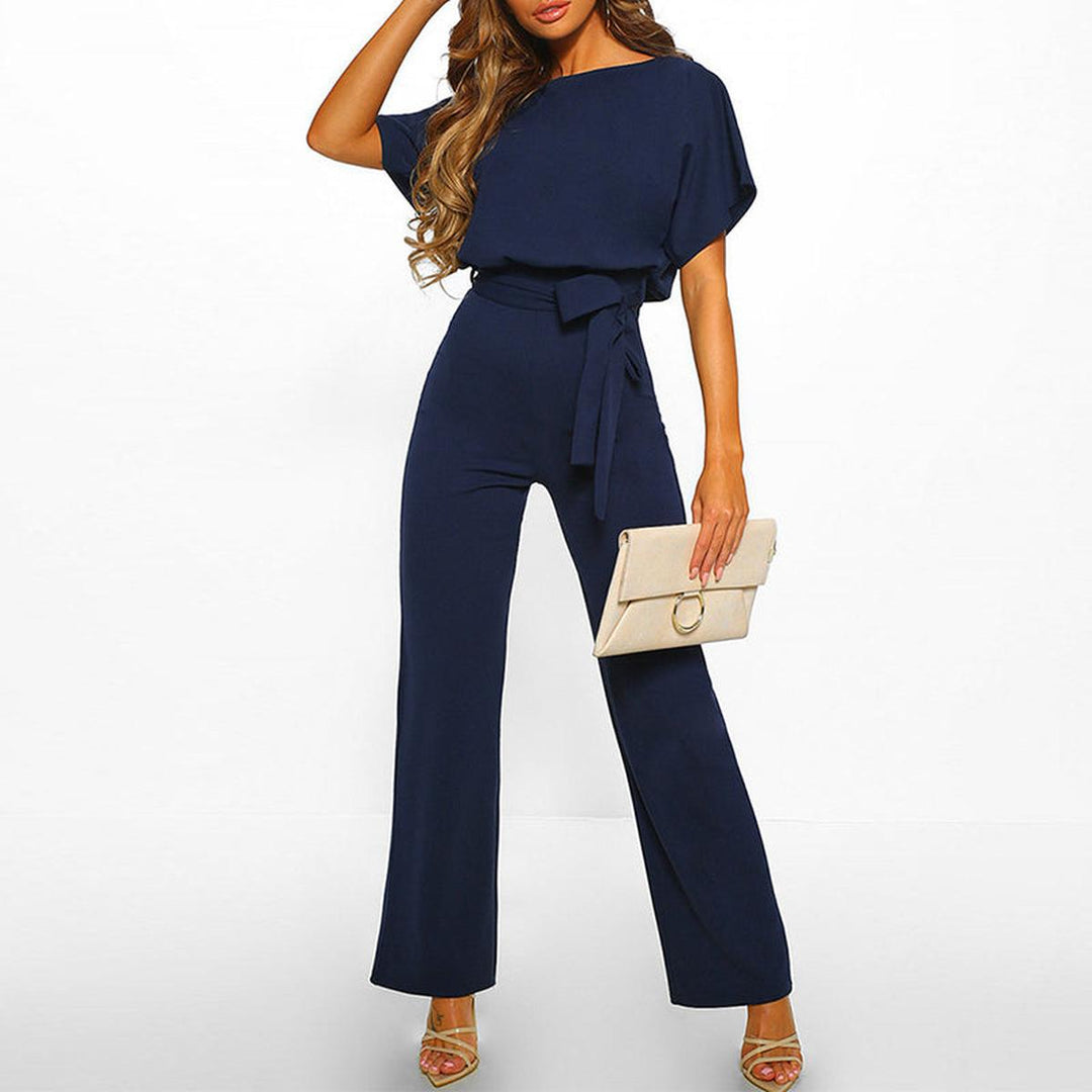 Women's short-sleeve jumpsuit — wide-leg with belt — casual