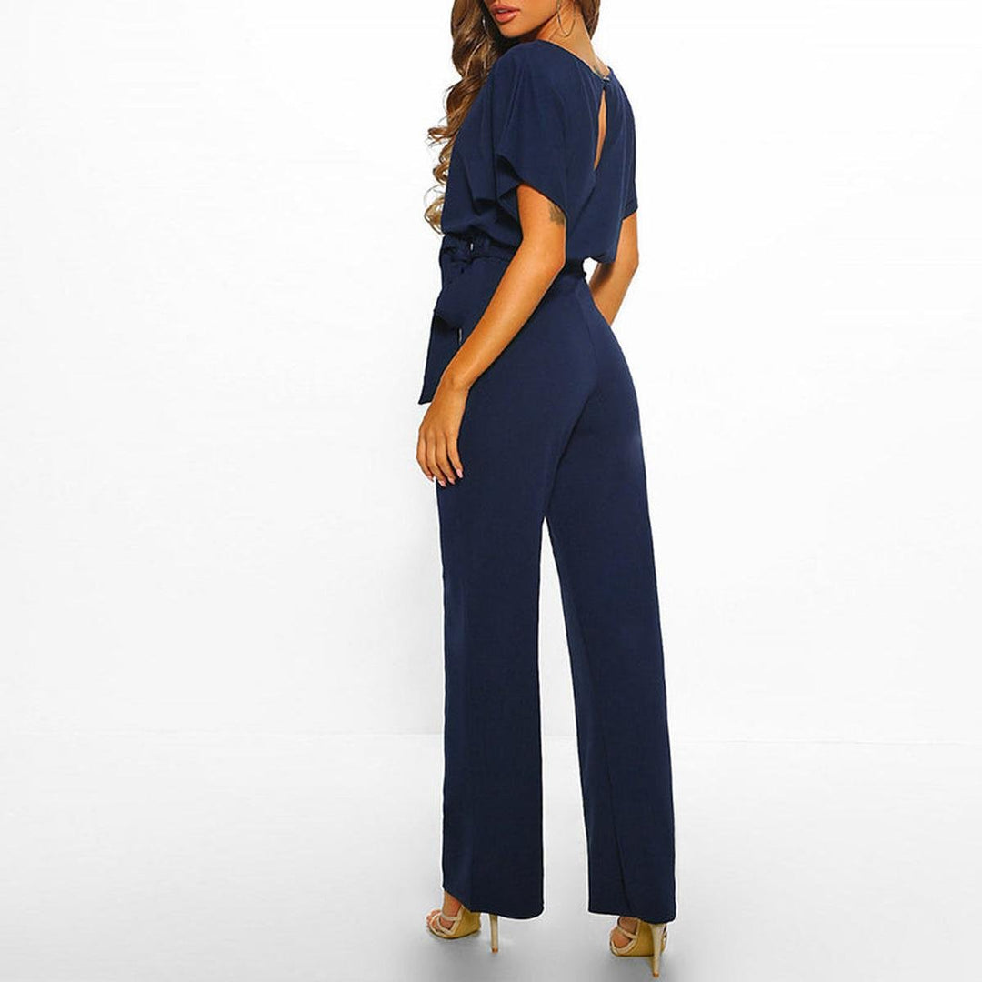Women's short-sleeve jumpsuit — wide-leg with belt — casual