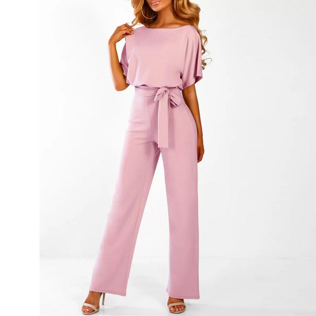 Women's short-sleeve jumpsuit — wide-leg with belt — casual