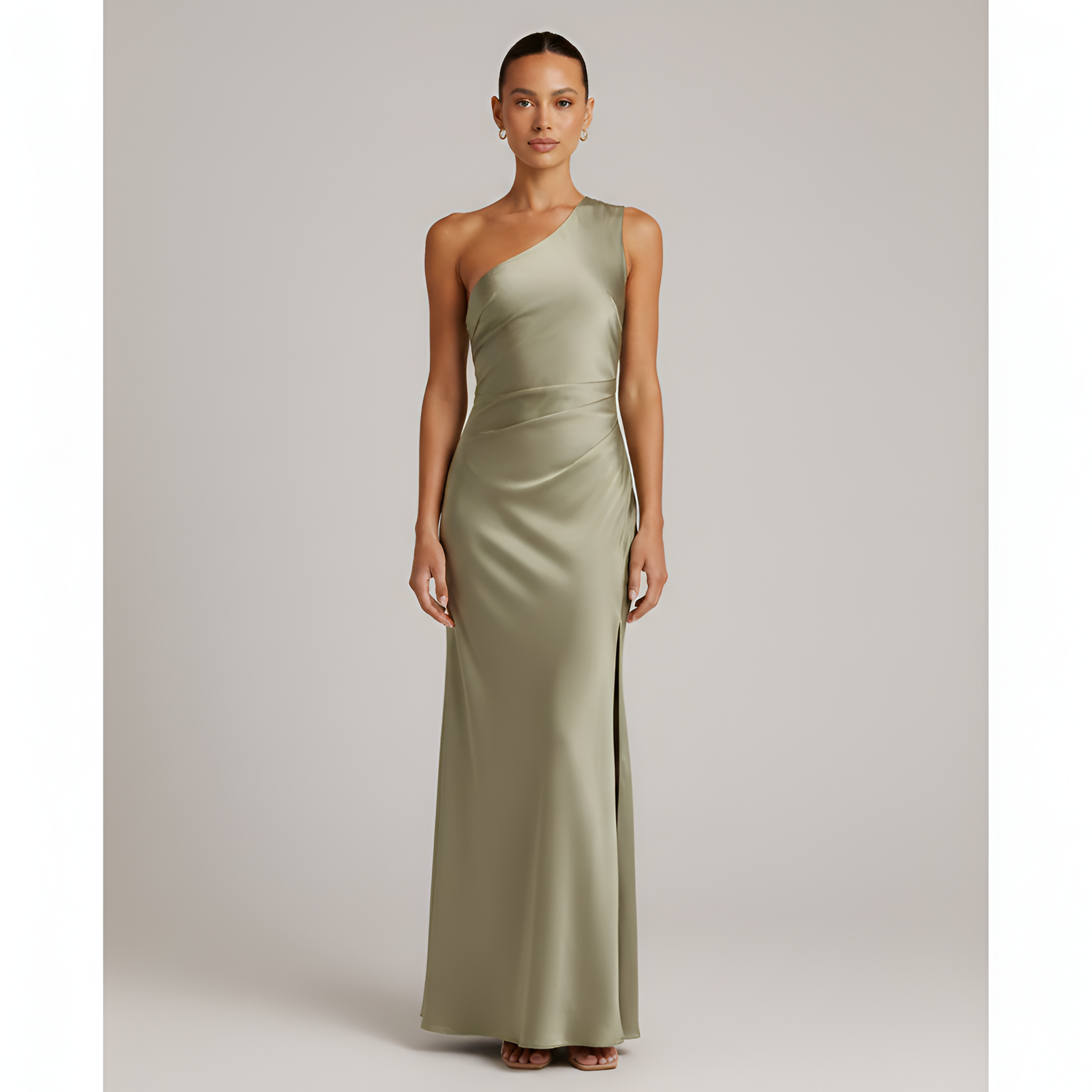 Abito Lungo da Festa in Raso con Design Drappeggiato e Spacco Laterale