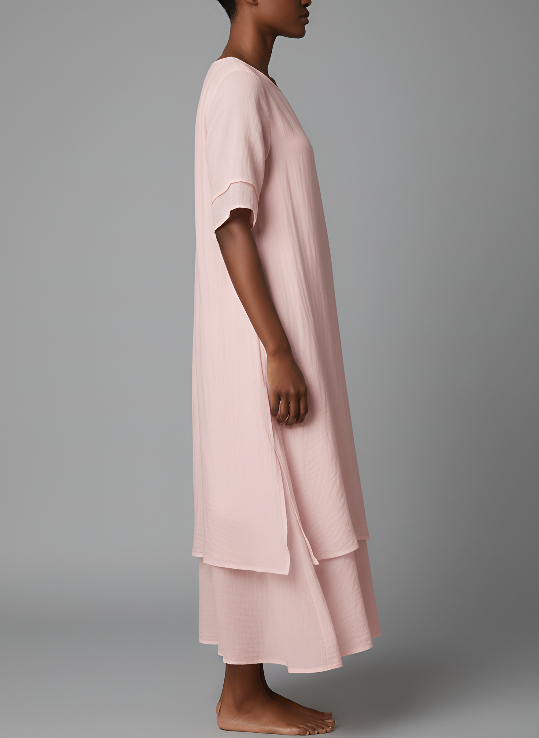 Vestido Largo de Mezcla de Algodón con Manga Corta y Dobladillo Irregular