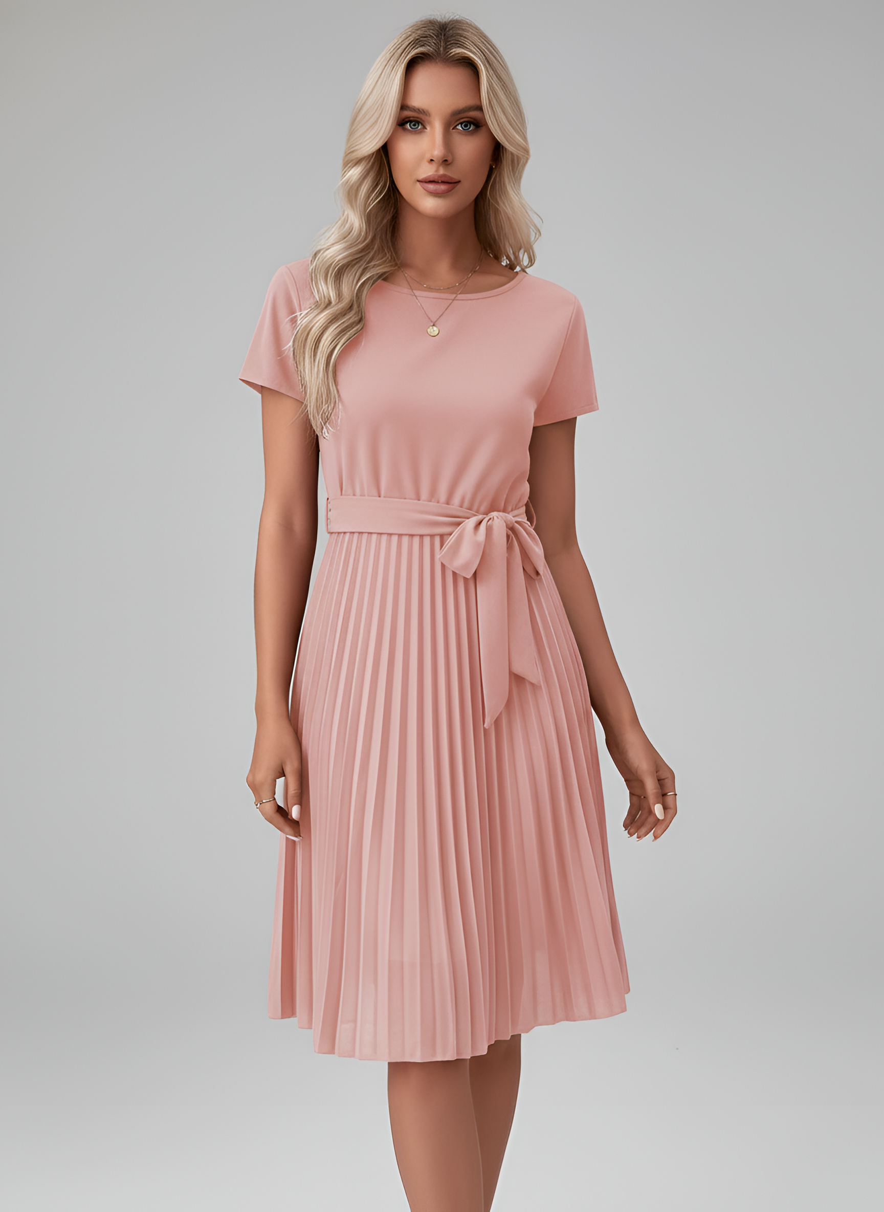 Vestido Midi de Gasa para Mujer con Cinturón y Falda Plisada de Manga Corta