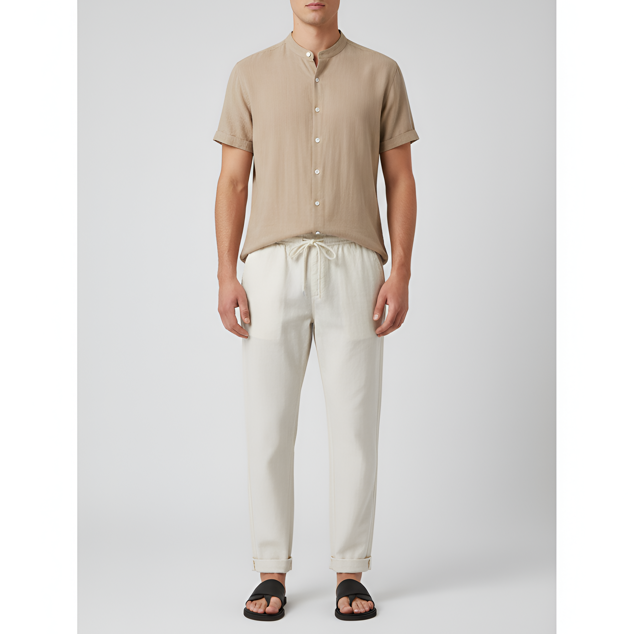 Camicia in Cotone da Uomo a Maniche Corte con Collo Mao e Chiusura con Bottoni