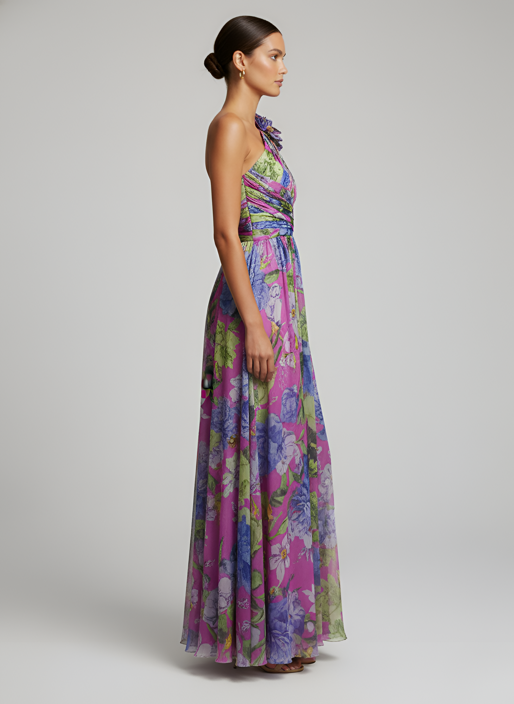 Vestido Largo para Mujer de Poliéster con Estampado Floral y Hombro Descubierto