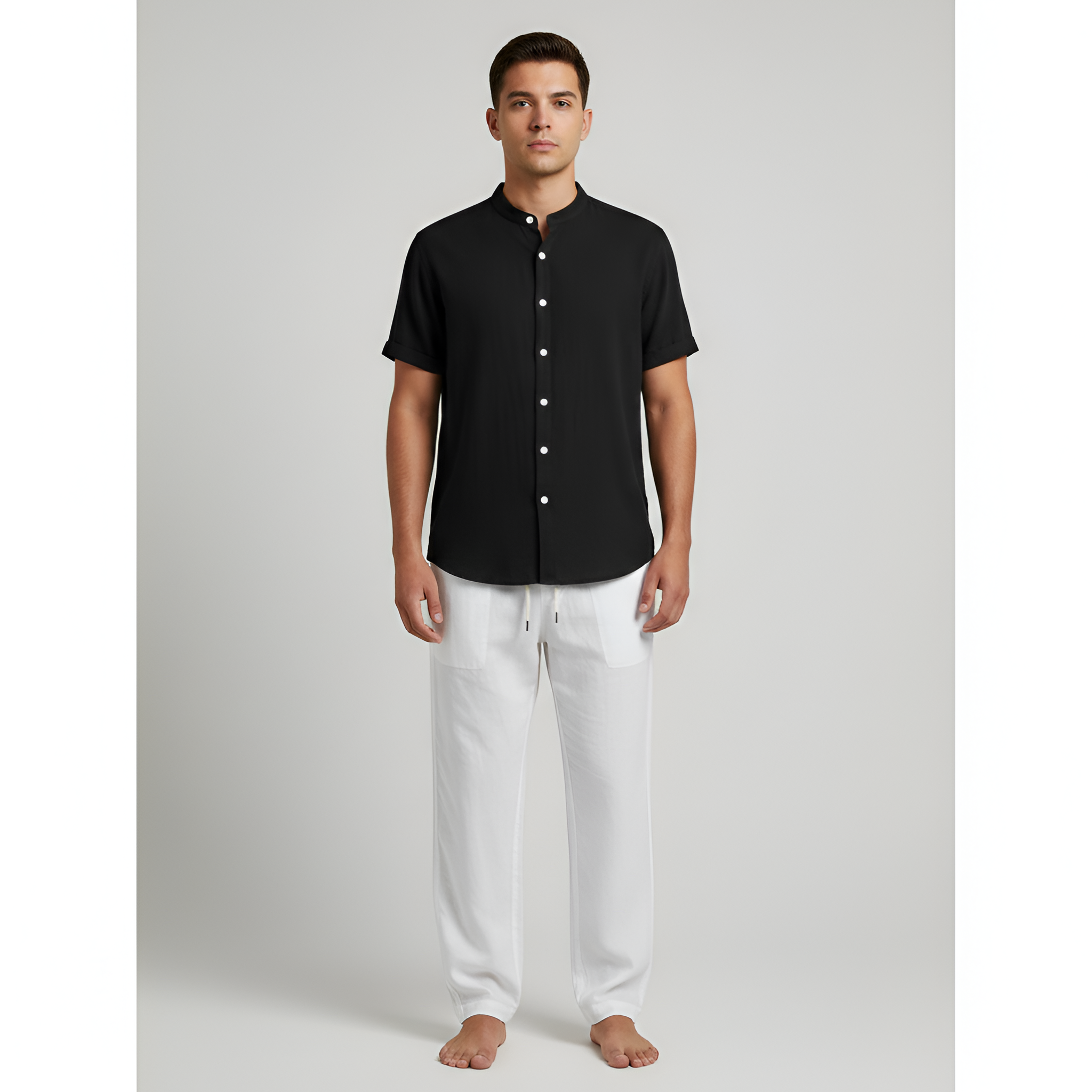 Camicia in Cotone da Uomo a Maniche Corte con Collo Mao e Chiusura con Bottoni