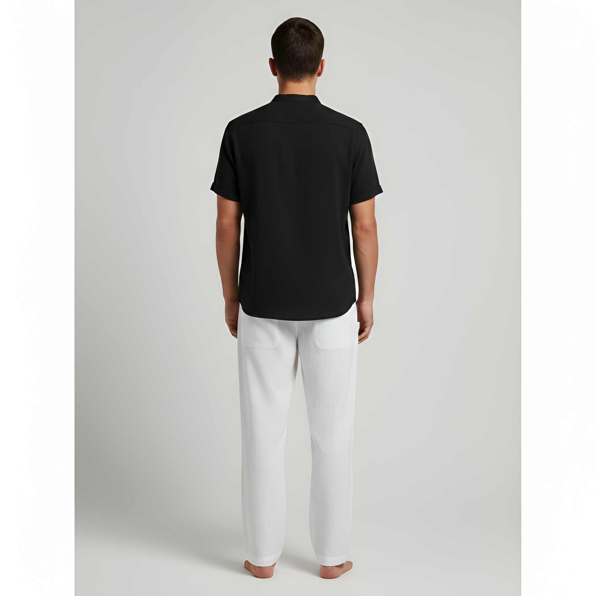 Camicia in Cotone da Uomo a Maniche Corte con Collo Mao e Chiusura con Bottoni