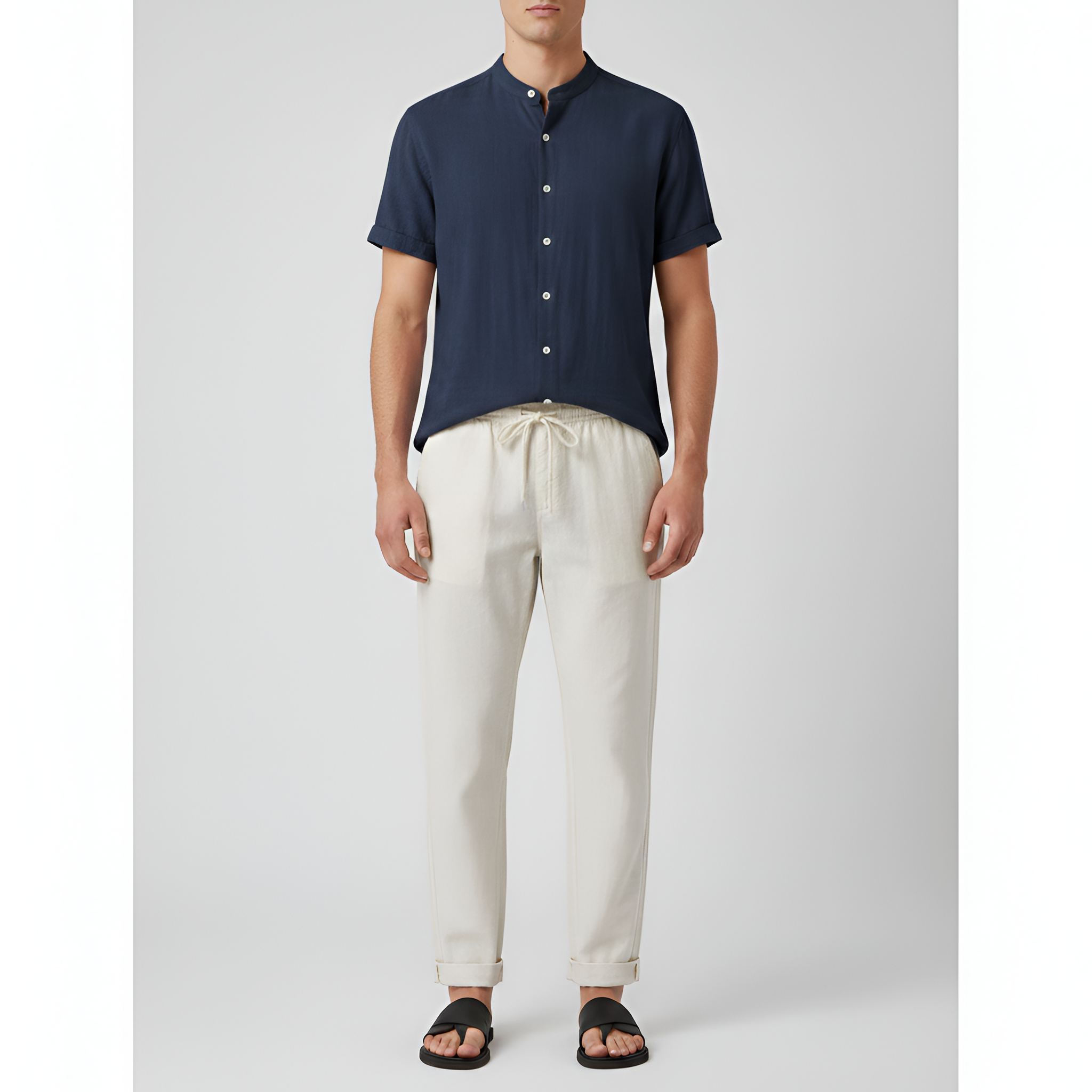 Camicia in Cotone da Uomo a Maniche Corte con Collo Mao e Chiusura con Bottoni