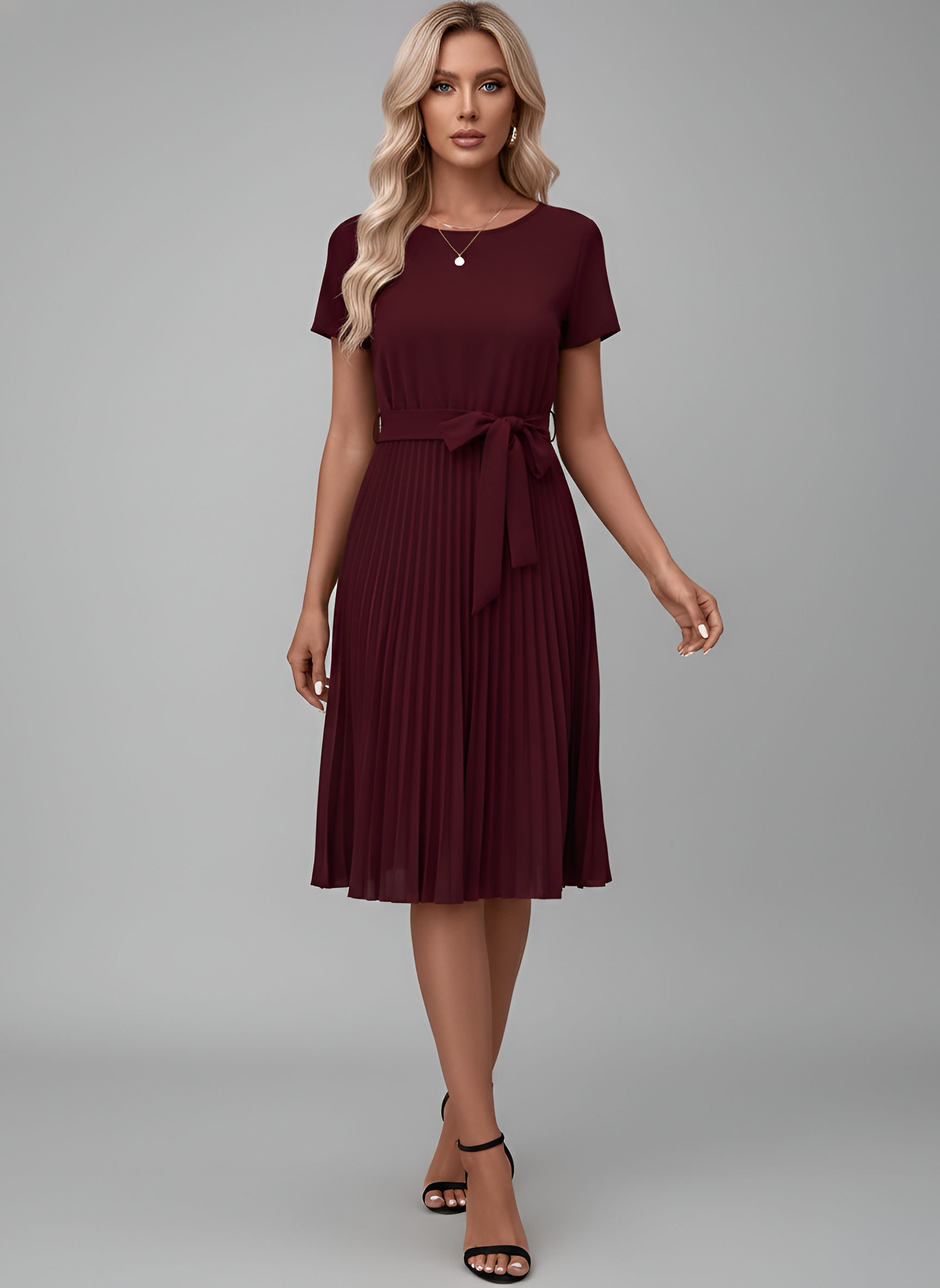 Vestido Midi de Gasa para Mujer con Cinturón y Falda Plisada de Manga Corta