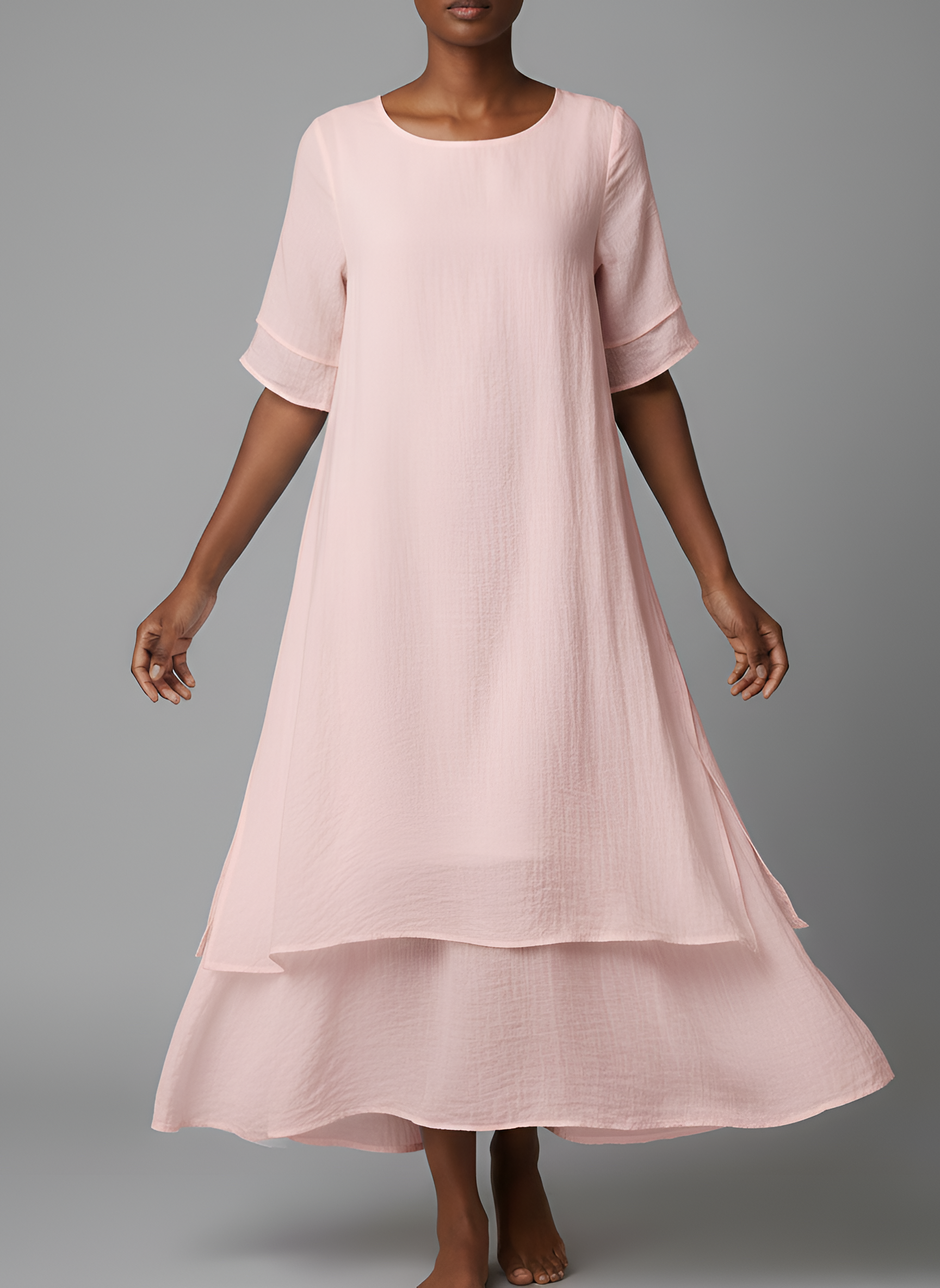 Vestido Largo de Mezcla de Algodón con Manga Corta y Dobladillo Irregular