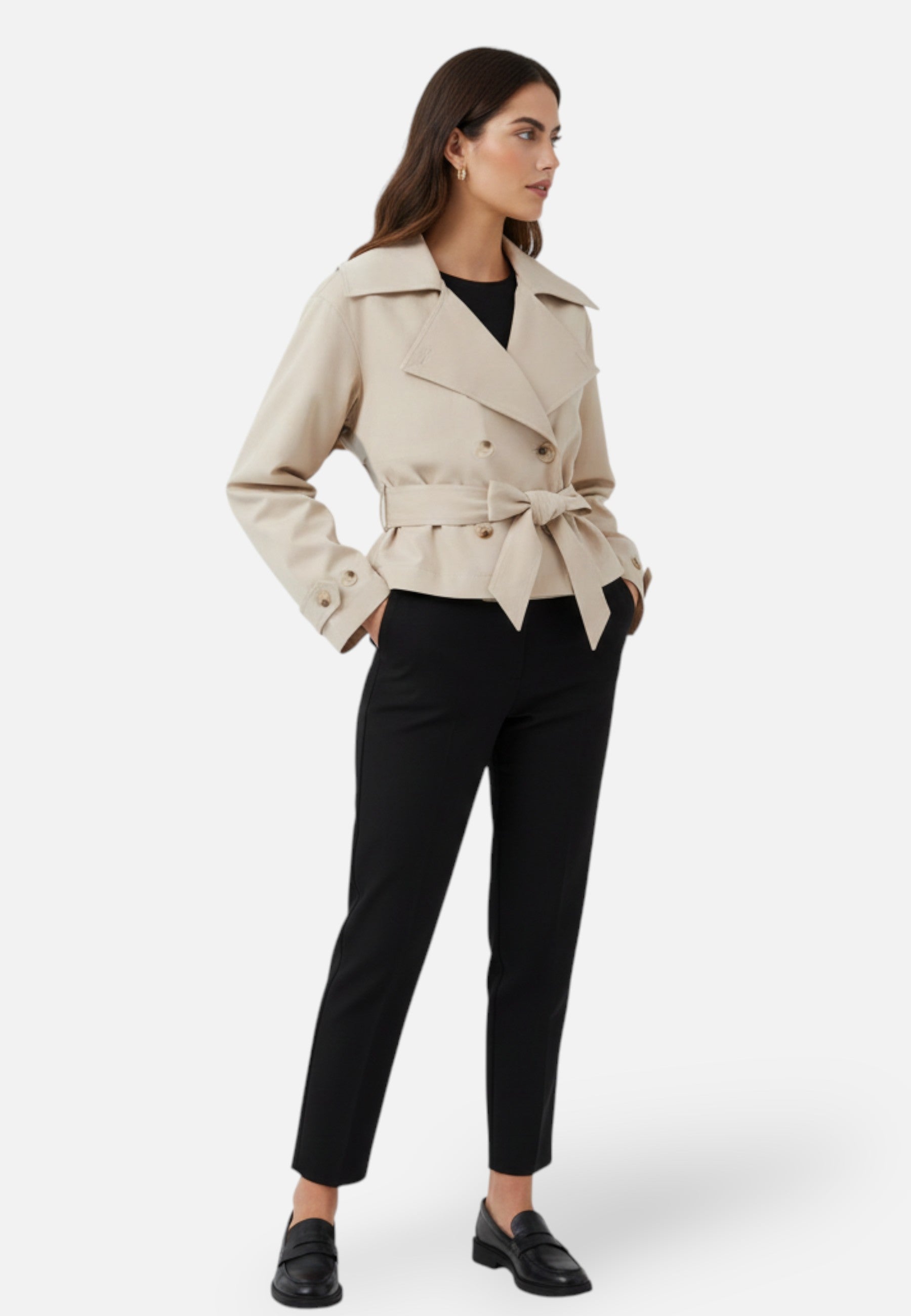 Krátká trenčkotová bunda z polyesteru s dvojitým zapínáním a páskem pro ženy