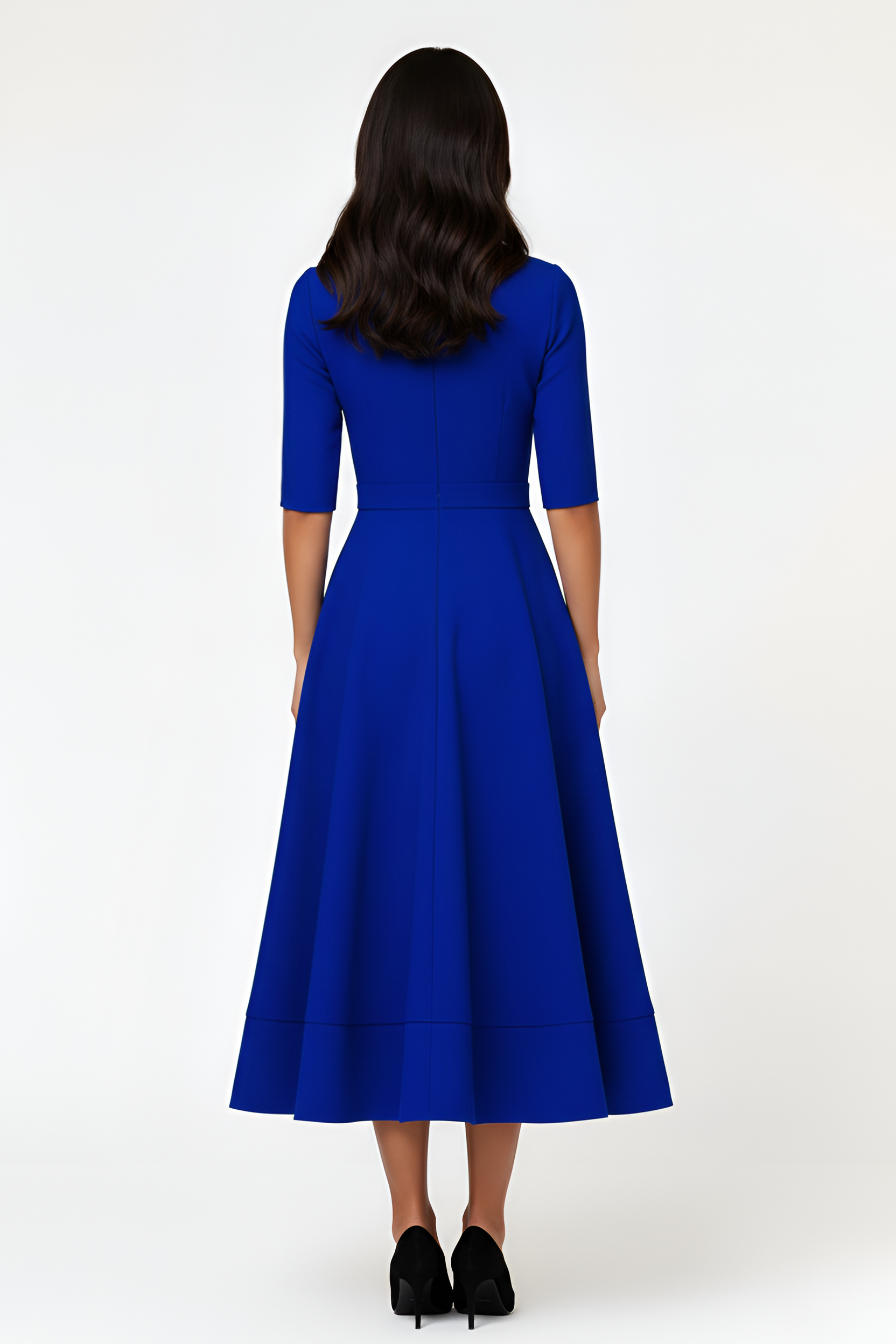 Polyester Midi Dress with V-Neck and Flared Skirt with Mid-Length Sleeves
