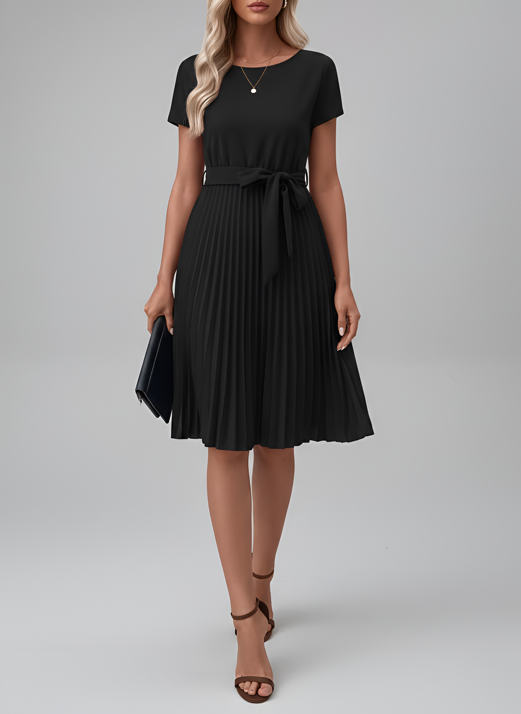 Vestido Midi de Gasa para Mujer con Cinturón y Falda Plisada de Manga Corta