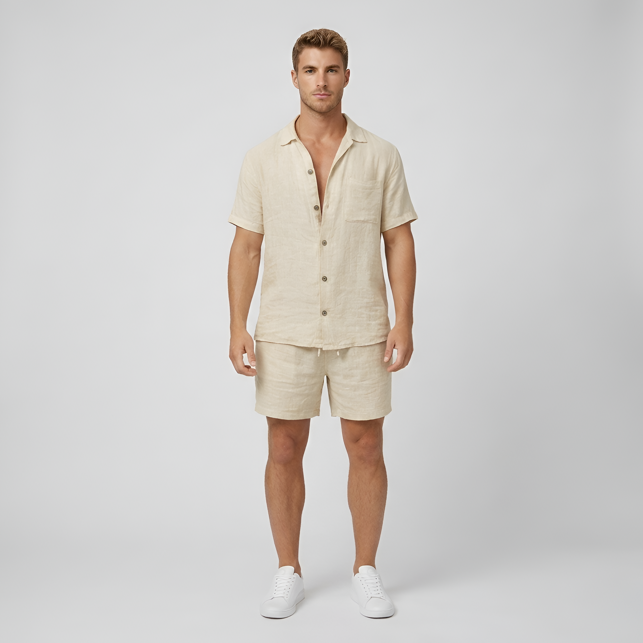 Completo uomo in lino con camicia con bottoni e pantaloncini tipo bermuda